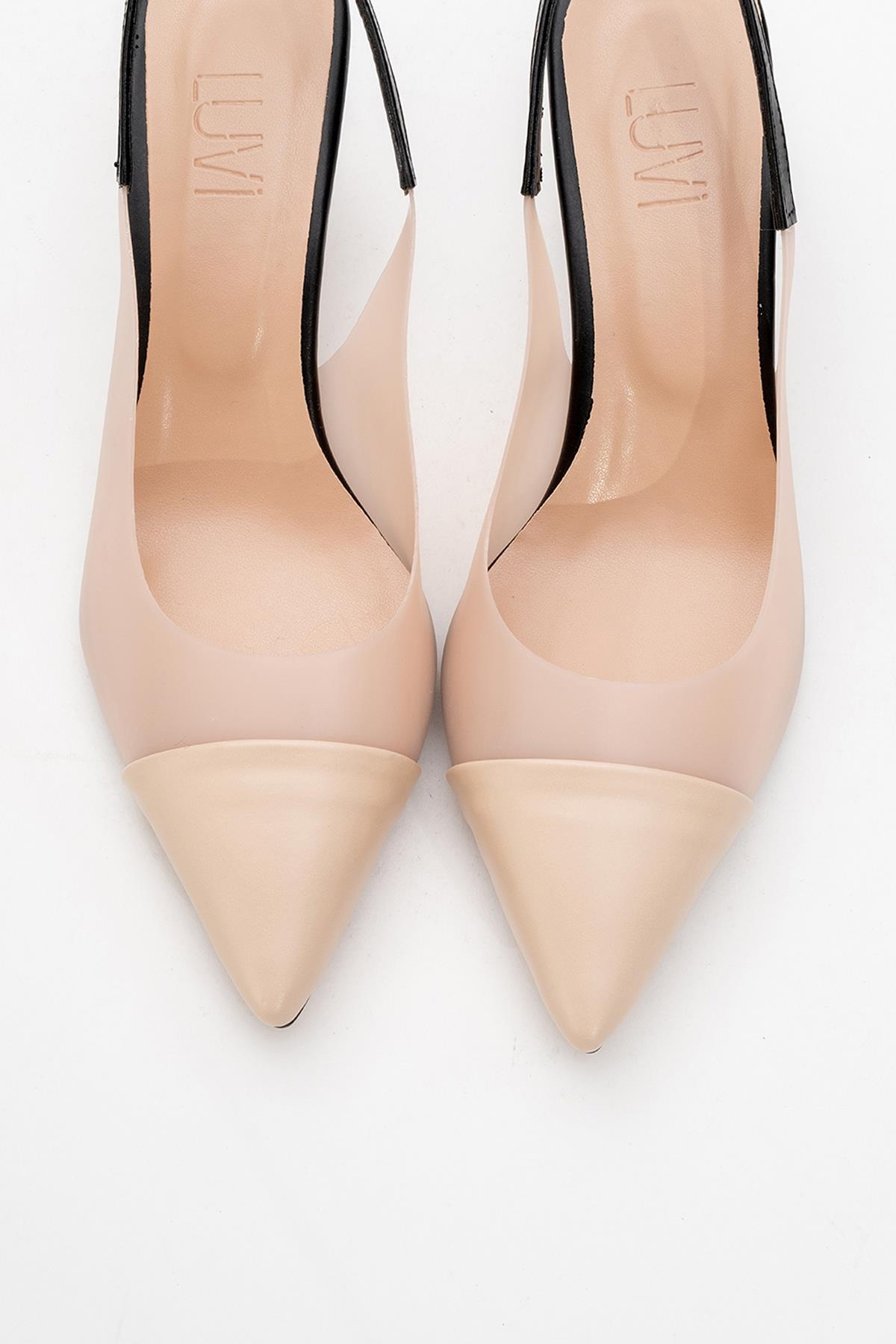 Moore - Nude/Black Transparent Open-Back Pointed Toe High Heel – side view showing leather, black, nude, SimmiUnique