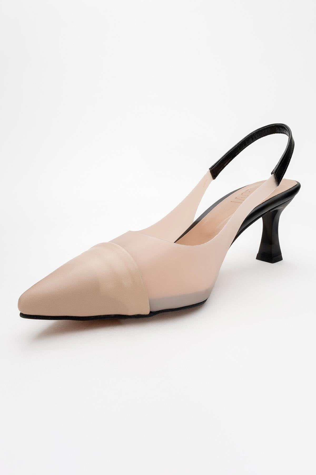 Moore - Nude/Black Transparent Open-Back Pointed Toe High Heel – detail view showing leather, black, nude, SimmiUnique