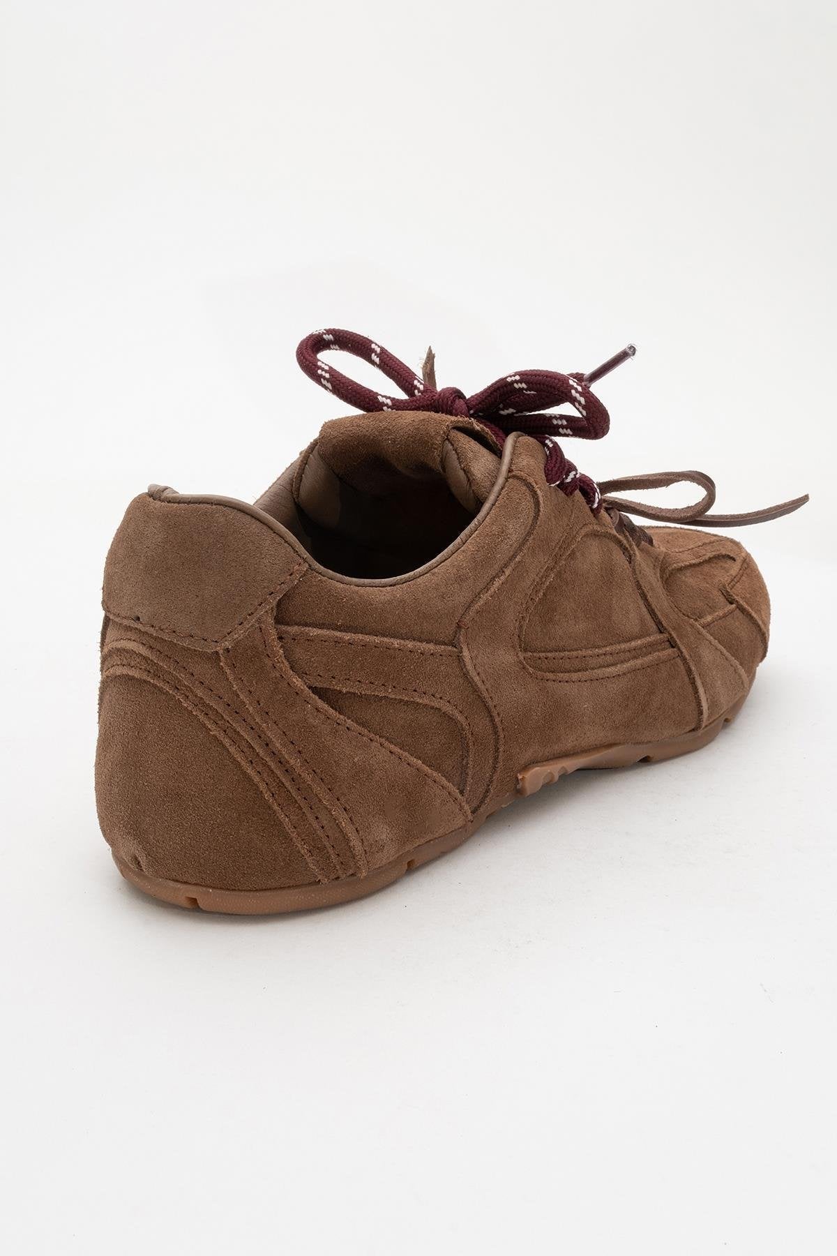 Selena - Brown Suede Leather Sneakers – heel view showing leather, suede, red, SimmiUnique