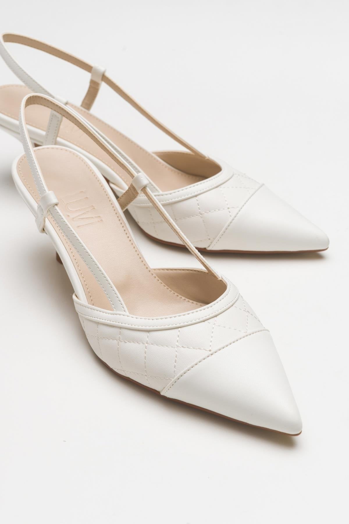 Point - White Heeled Shoe – back view showing leather, white, SimmiUnique