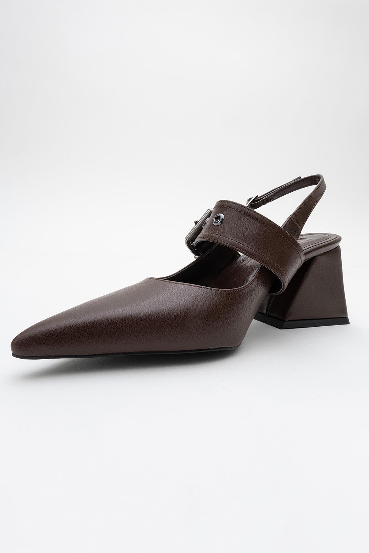 Nepido - Cognac Pointed Toe Backless Block Heel Shoe – detail view showing leather, SimmiUnique