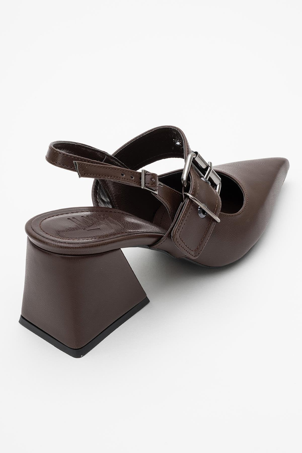 Nepido - Cognac Pointed Toe Backless Block Heel Shoe – heel view showing leather, SimmiUnique