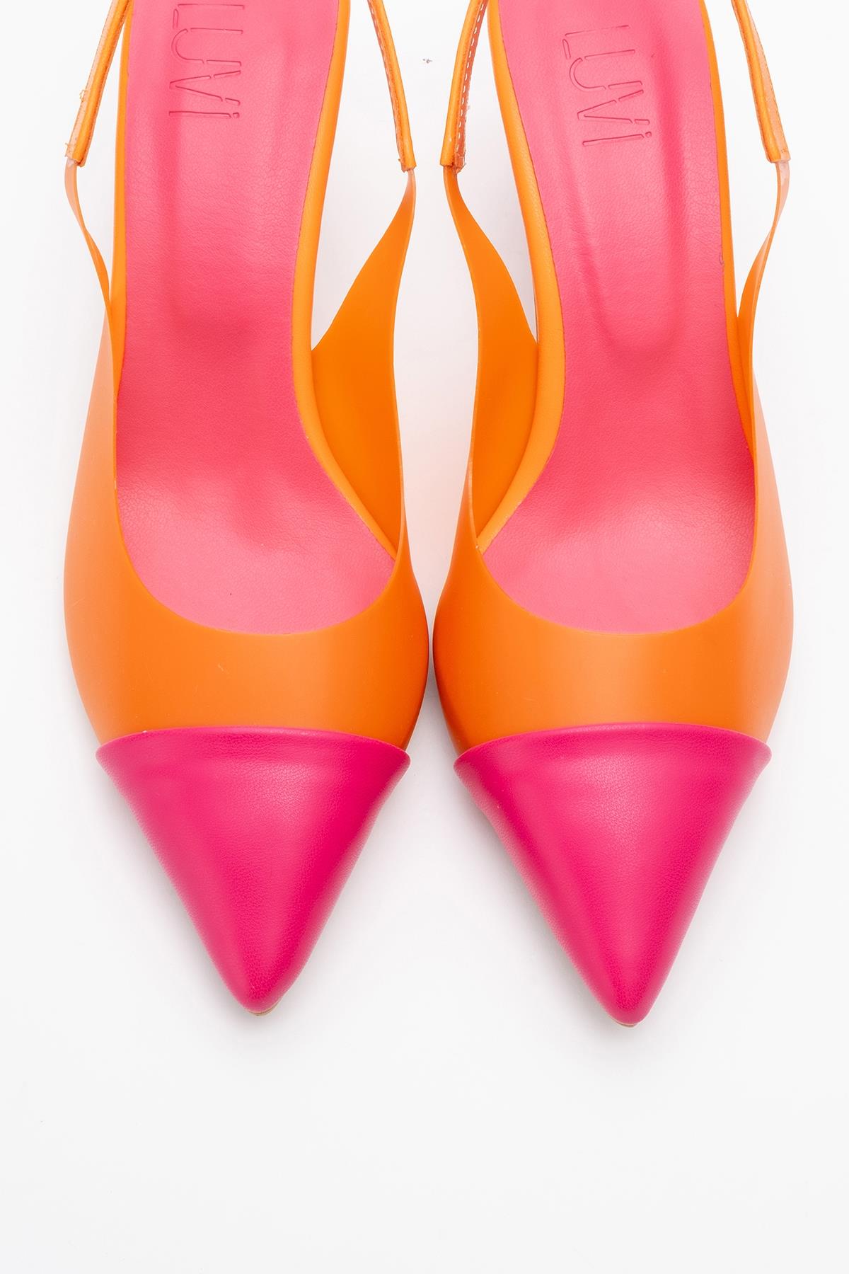 Moore - Orange-Fuchsia Transparent Open Back Pointed Toe Pump – side view showing leather, SimmiUnique