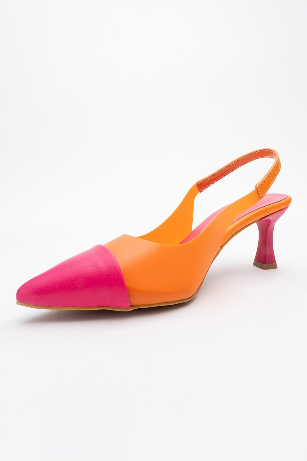 Moore - Orange-Fuchsia Transparent Open Back Pointed Toe Pump – detail view showing leather, SimmiUnique