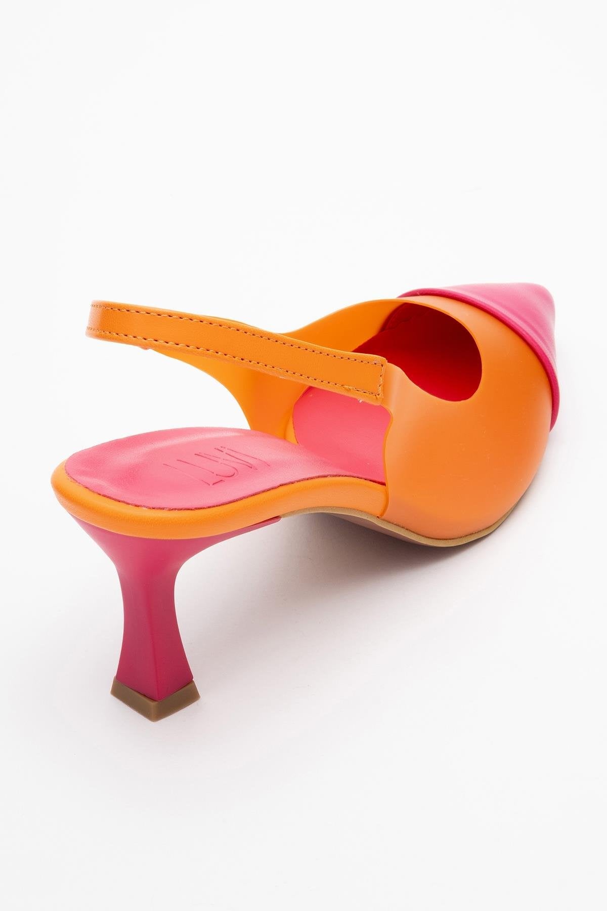 Moore - Orange-Fuchsia Transparent Open Back Pointed Toe Pump – heel view showing leather, SimmiUnique