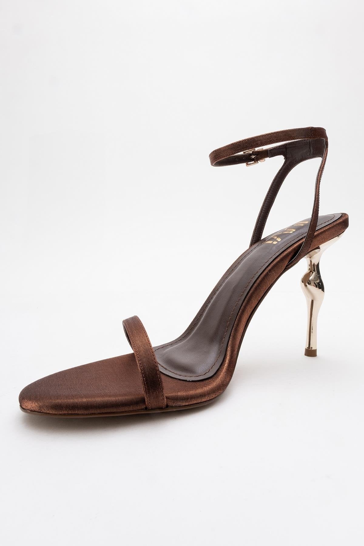 Jasmin - Cognac Satin Stiletto Pump – heel view showing satin, leather, SimmiUnique