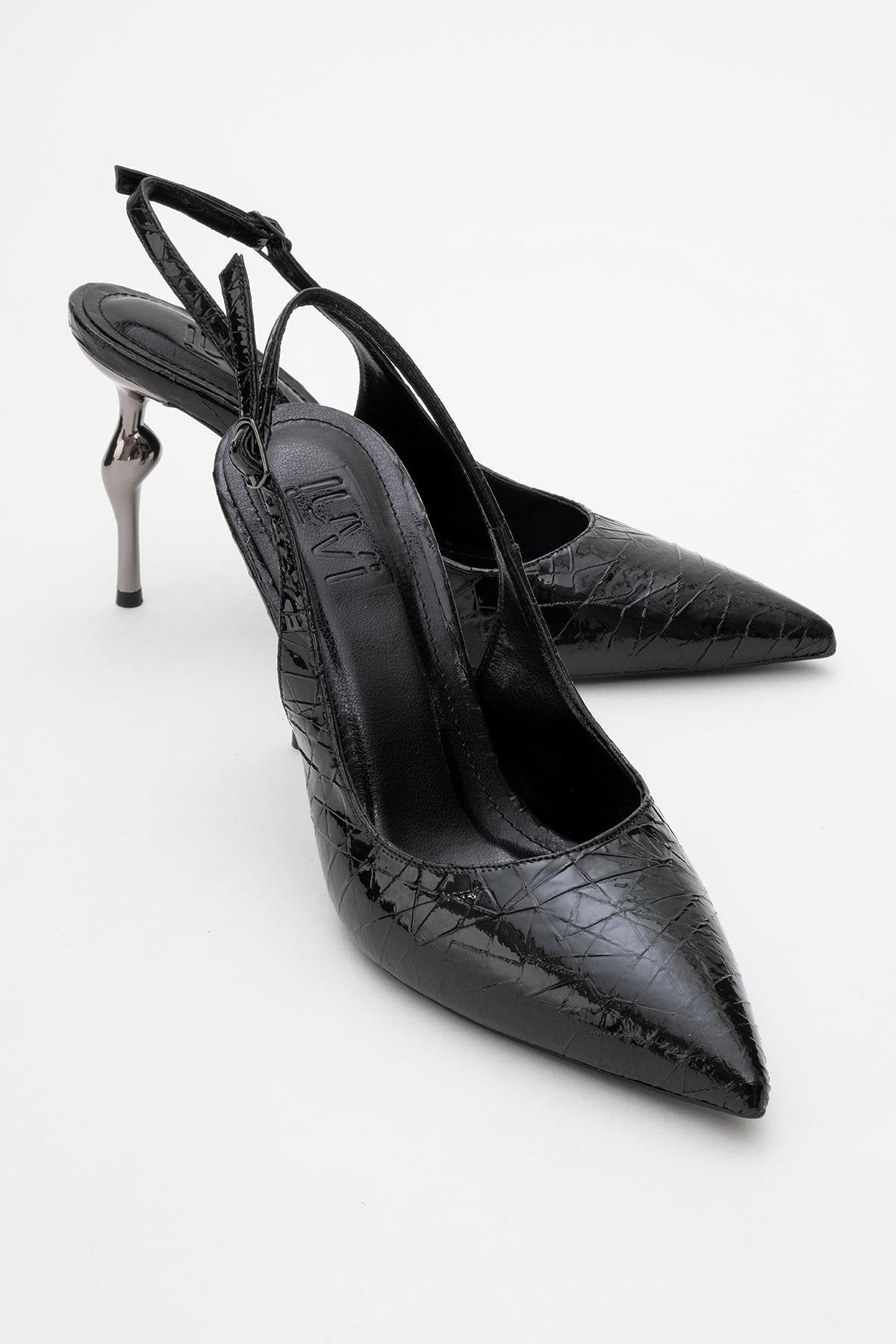 Chica - Black Patterned Backless Pointed High Heel – front three-quarter view showing leather, metallic, black, SimmiUnique