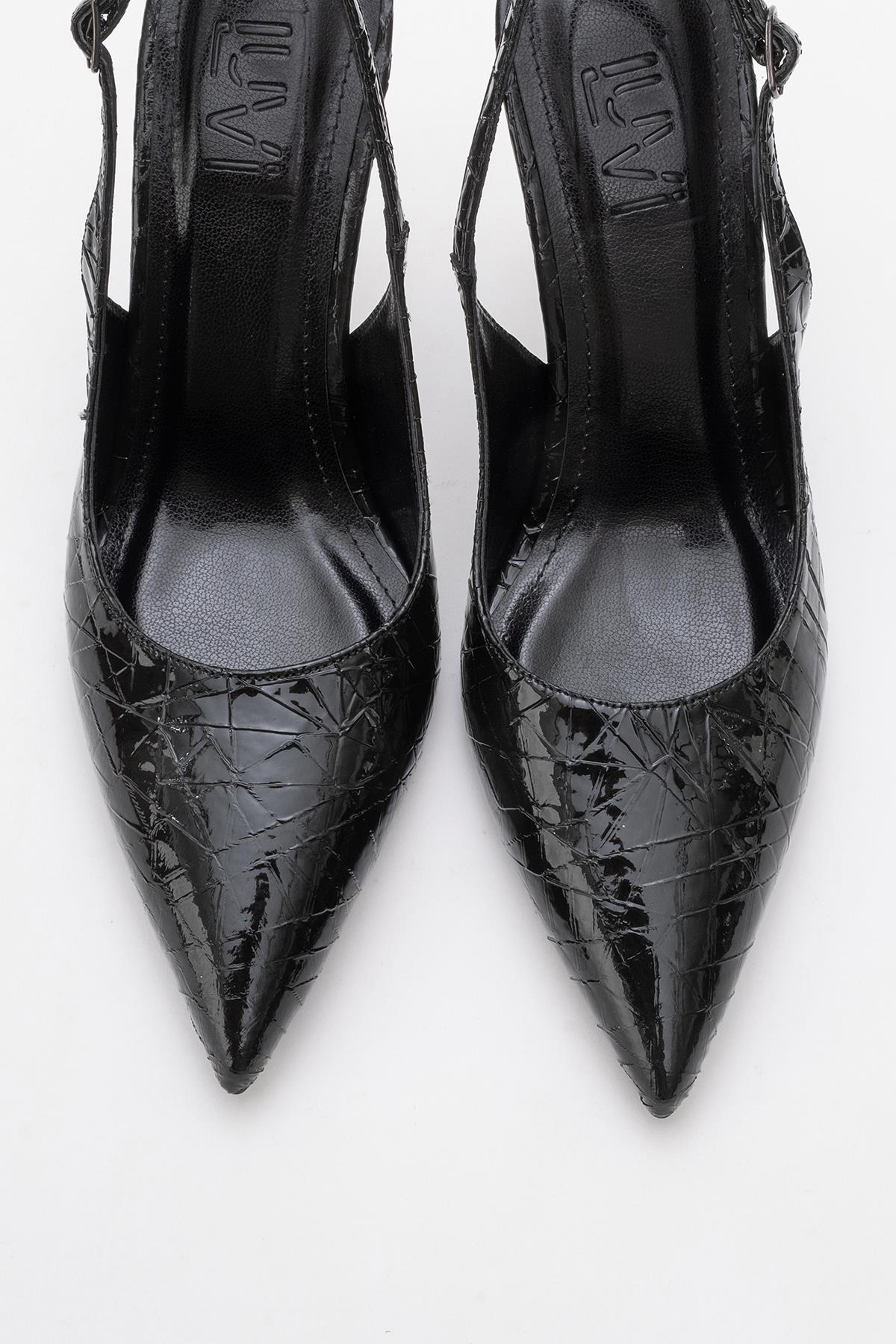 Chica - Black Patterned Backless Pointed High Heel – side view showing leather, metallic, black, SimmiUnique