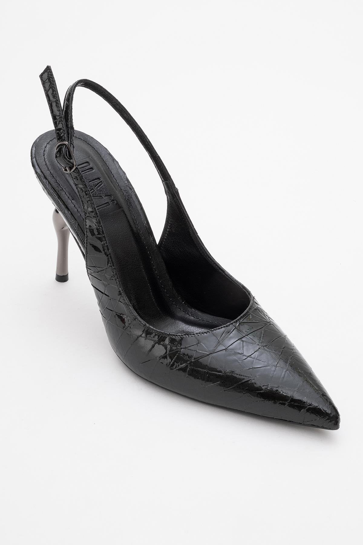 Chica - Black Patterned Backless Pointed High Heel – detail view showing leather, metallic, black, SimmiUnique