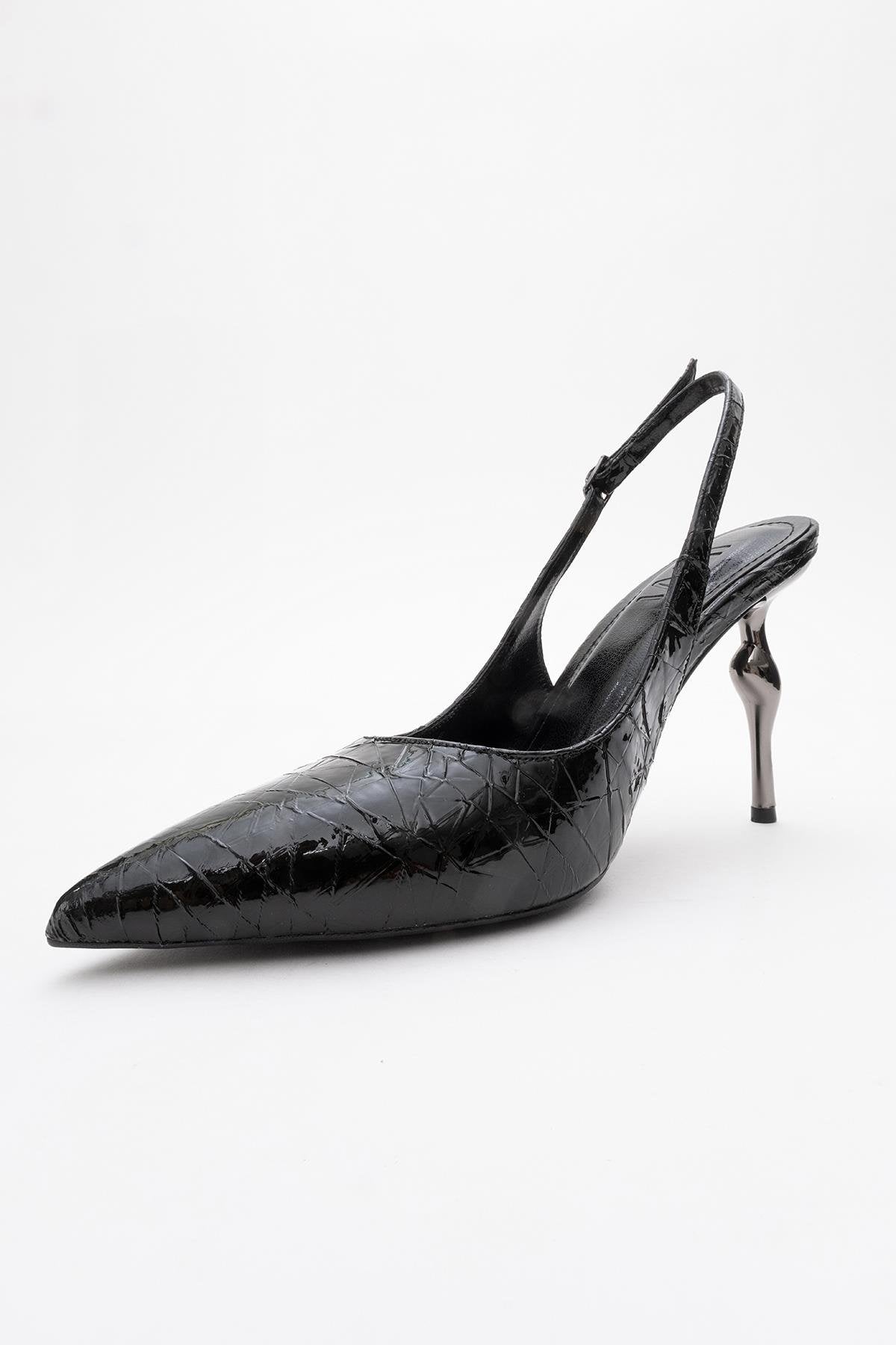 Chica - Black Patterned Backless Pointed High Heel – heel view showing leather, metallic, black, SimmiUnique