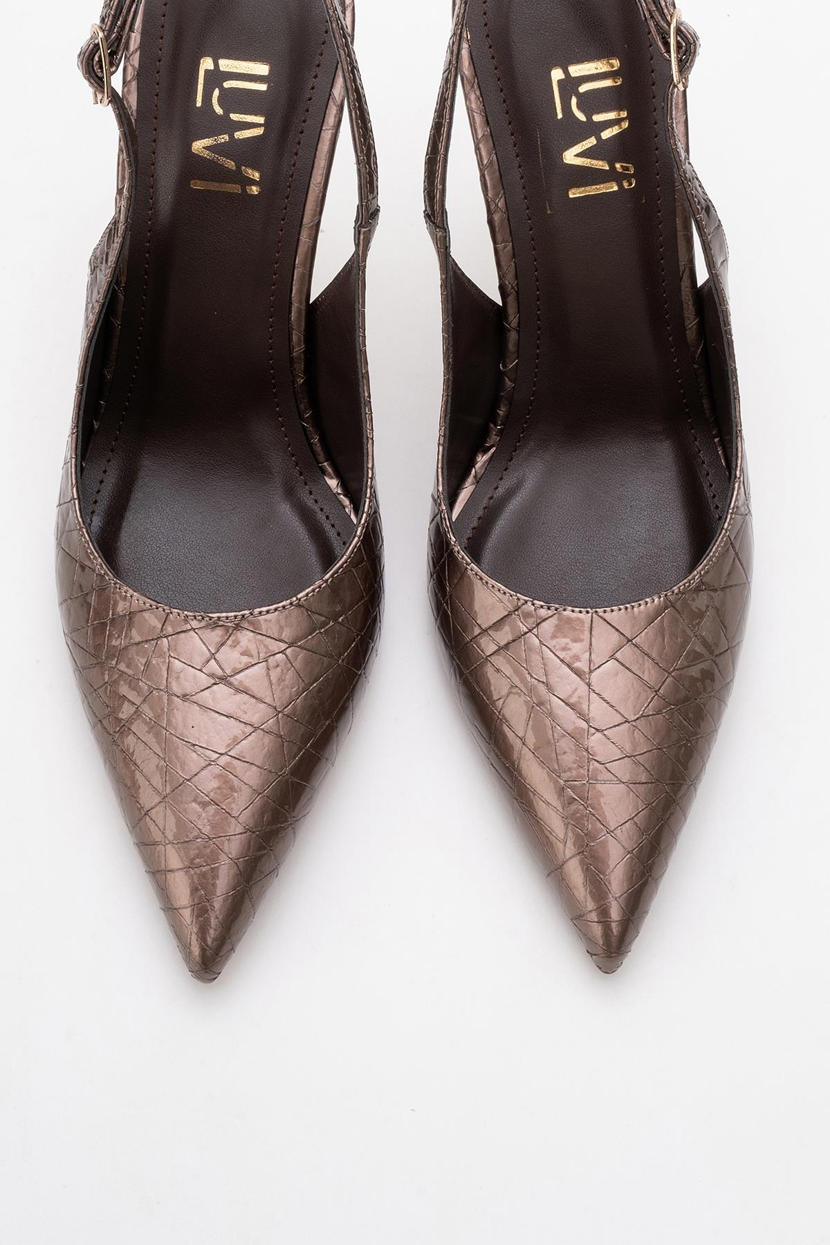 Chica - Bronze Patterned Backless Pointed High Heel – side view showing leather, metallic, SimmiUnique