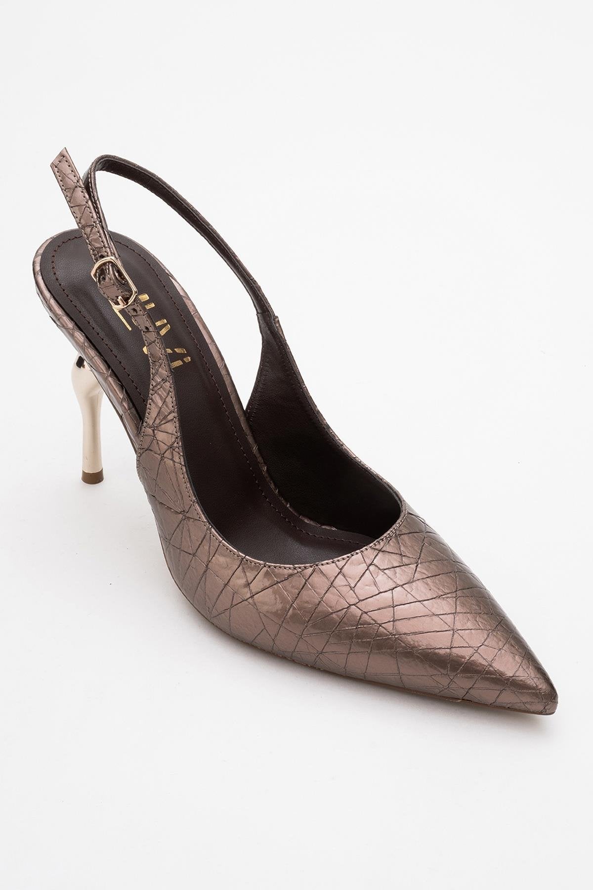 Chica - Bronze Patterned Backless Pointed High Heel – detail view showing leather, metallic, SimmiUnique