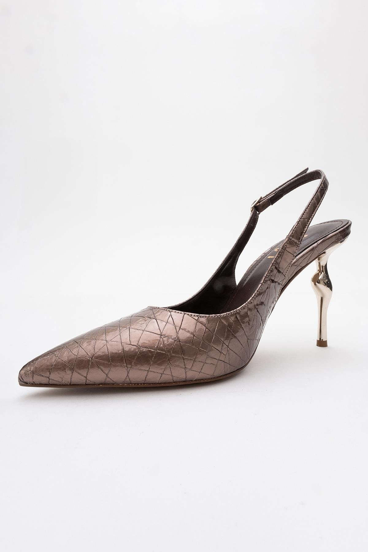 Chica - Bronze Patterned Backless Pointed High Heel – heel view showing leather, metallic, SimmiUnique