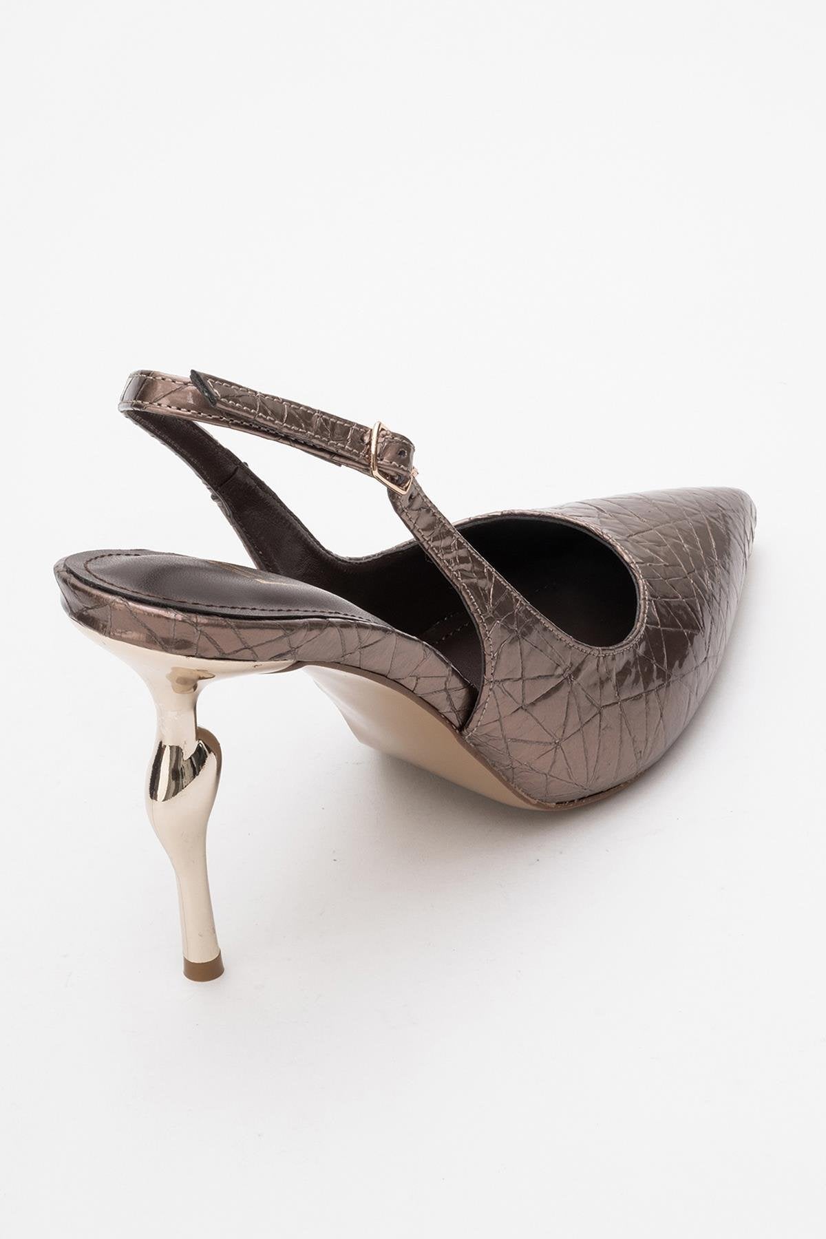 Chica - Bronze Patterned Backless Pointed High Heel – back view showing leather, metallic, SimmiUnique