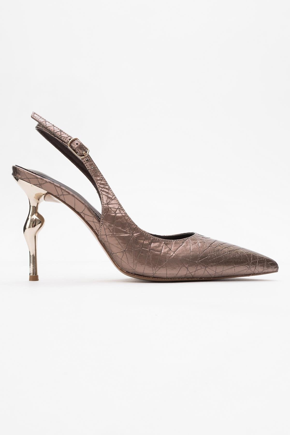 Chica - Bronze Patterned Backless Pointed High Heel – top view showing leather, metallic, SimmiUnique
