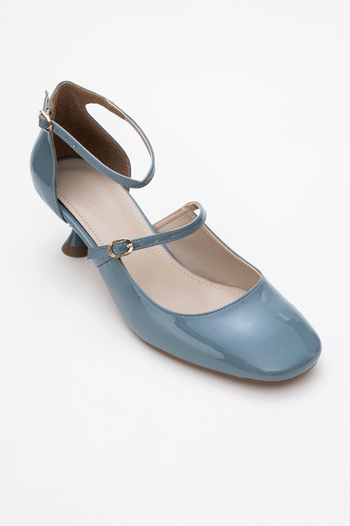 Emly - Blue Patent Round Toe Low Heel Shoe – detail view showing leather, blue, red, SimmiUnique