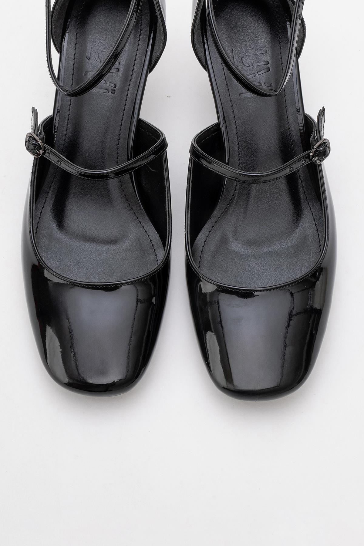 Emly - Black Square Toe Low Heel Shoe – side view showing leather, black, red, SimmiUnique