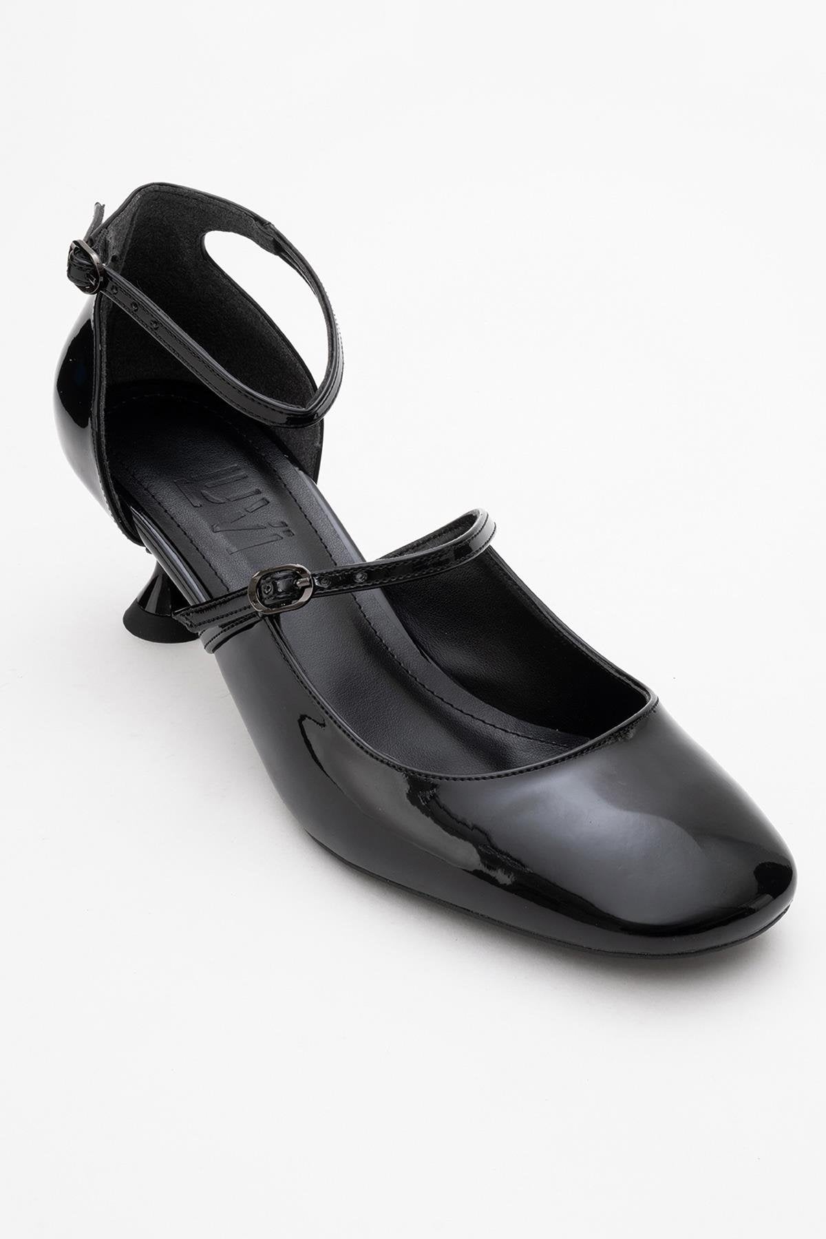 Emly - Black Square Toe Low Heel Shoe – detail view showing leather, black, red, SimmiUnique