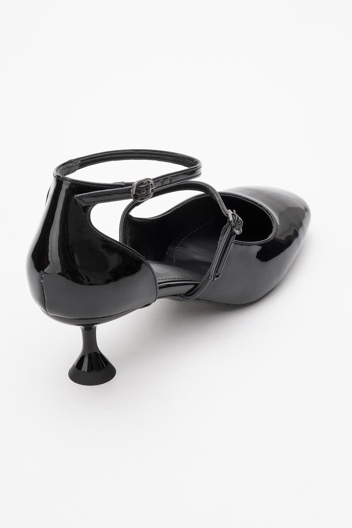 Emly - Black Square Toe Low Heel Shoe – back view showing leather, black, red, SimmiUnique