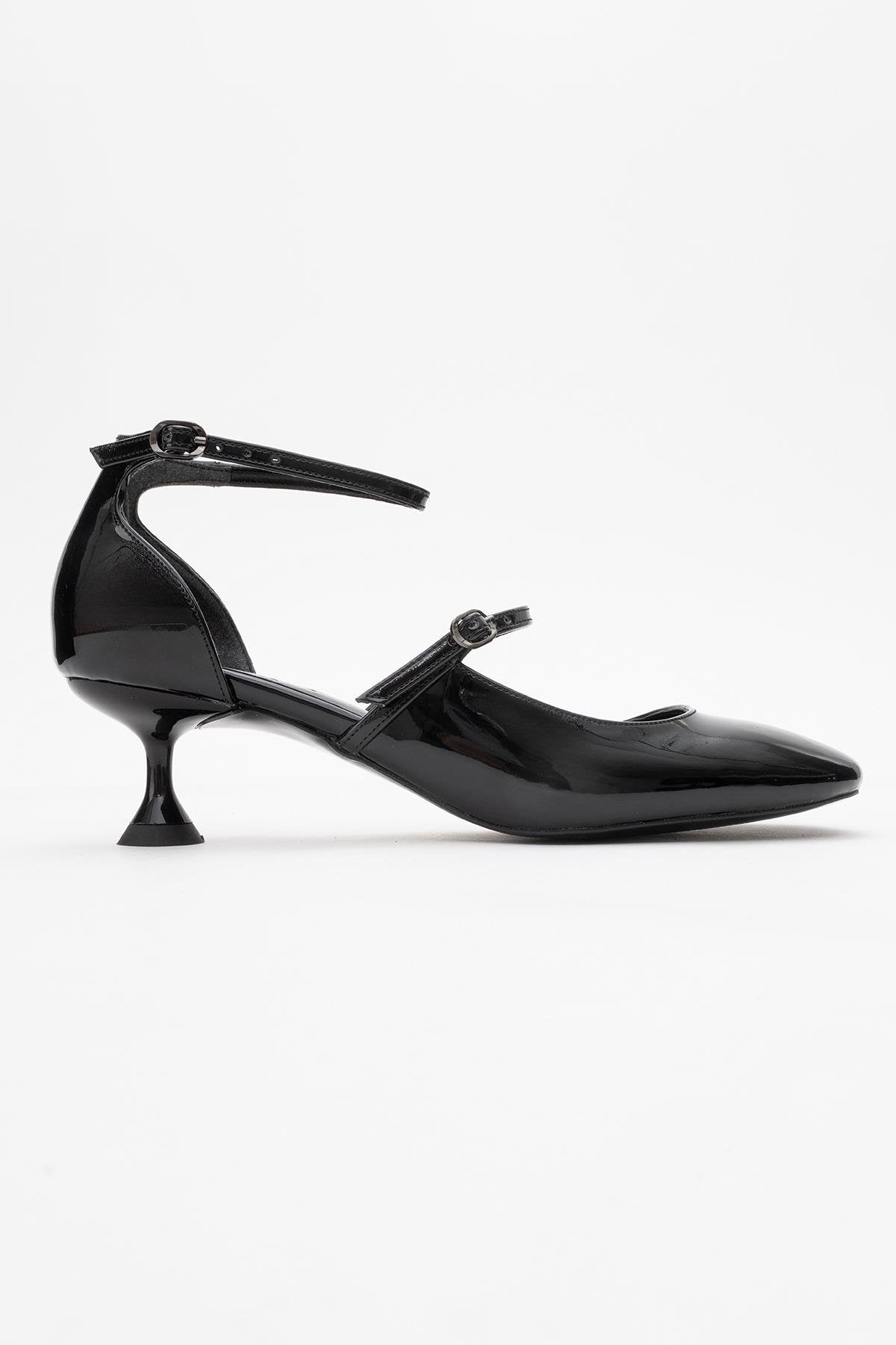 Emly - Black Square Toe Low Heel Shoe – top view showing leather, black, red, SimmiUnique