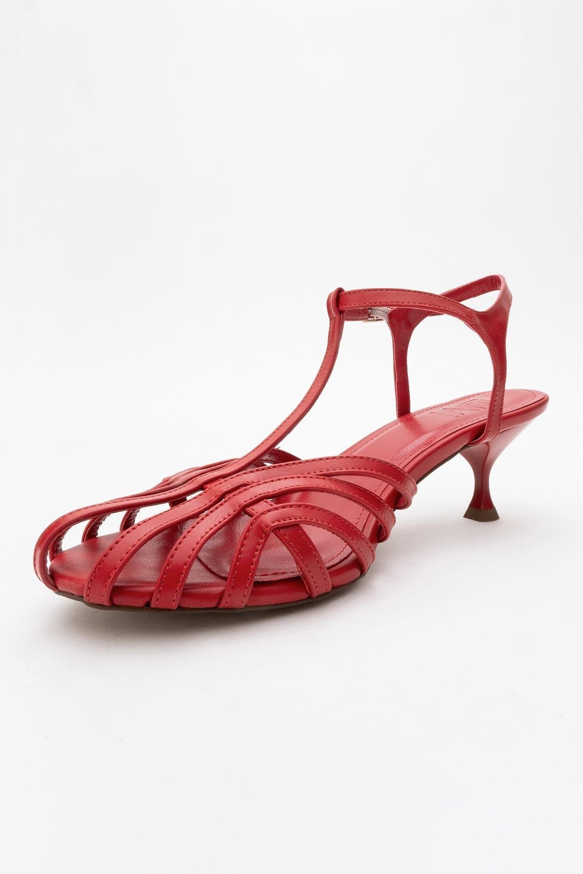 Felip - Red Strappy Low Heel Sandal – heel view showing leather, red, SimmiUnique