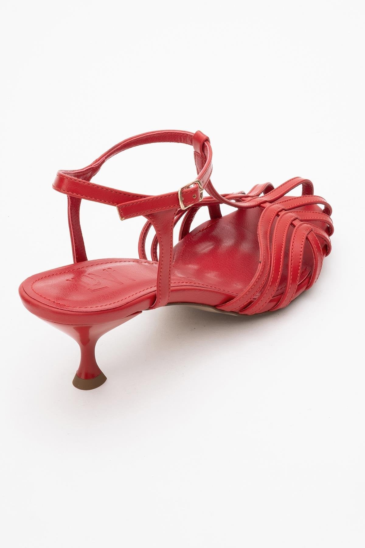 Felip - Red Strappy Low Heel Sandal – back view showing leather, red, SimmiUnique