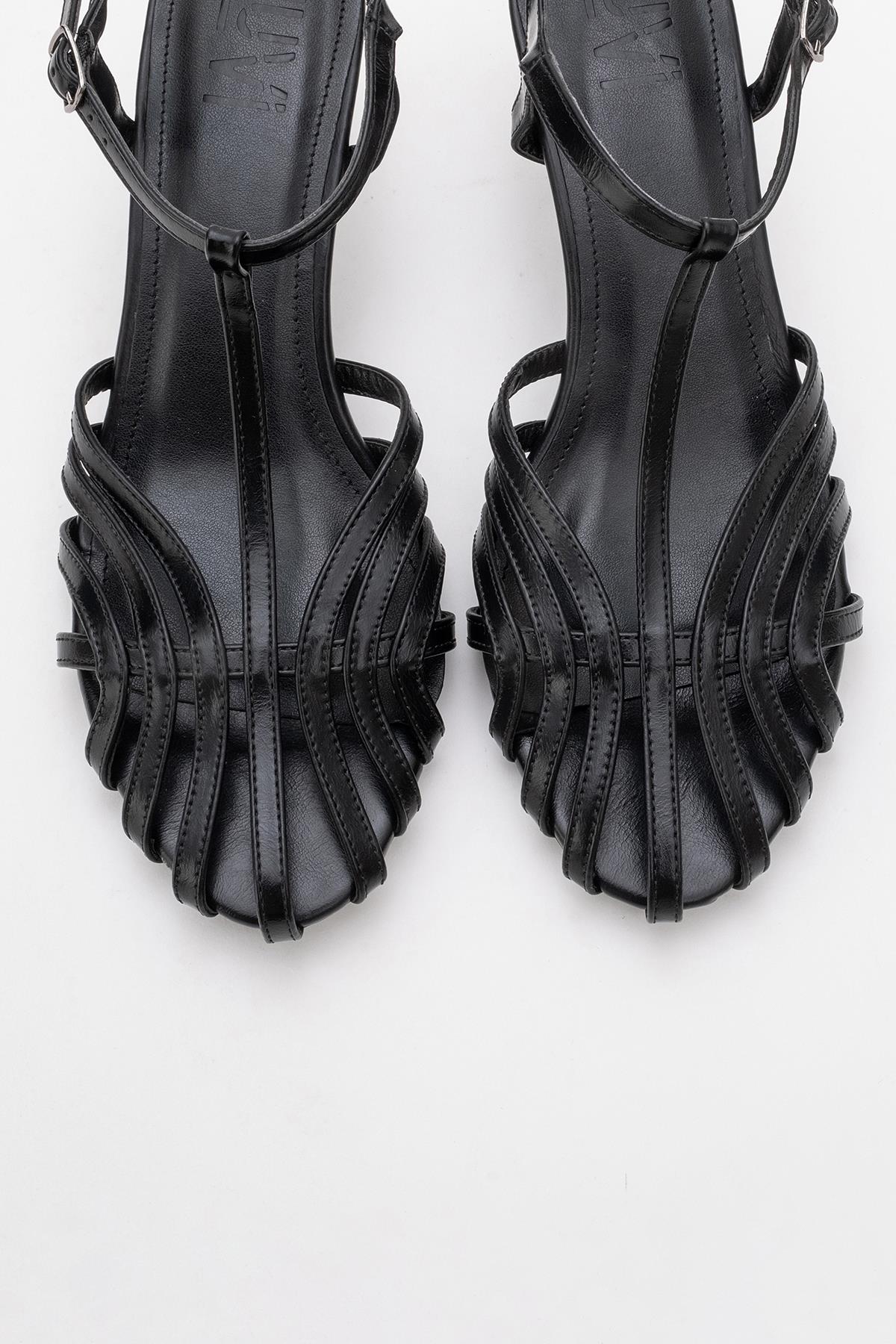 Felip - Black Strappy Low Heel Sandal – side view showing leather, black, red, SimmiUnique