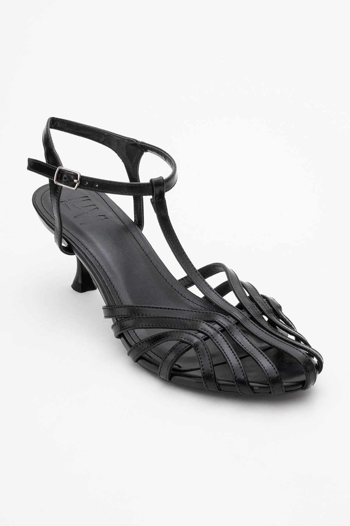 Felip - Black Strappy Low Heel Sandal – detail view showing leather, black, red, SimmiUnique