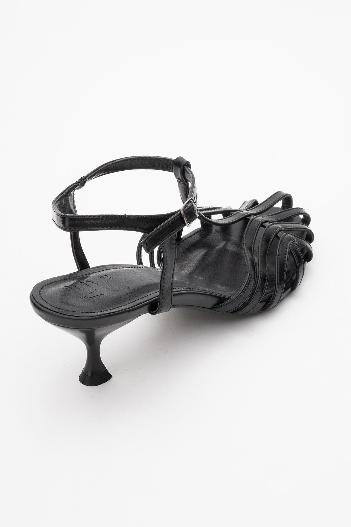Felip - Black Strappy Low Heel Sandal – heel view showing leather, black, red, SimmiUnique