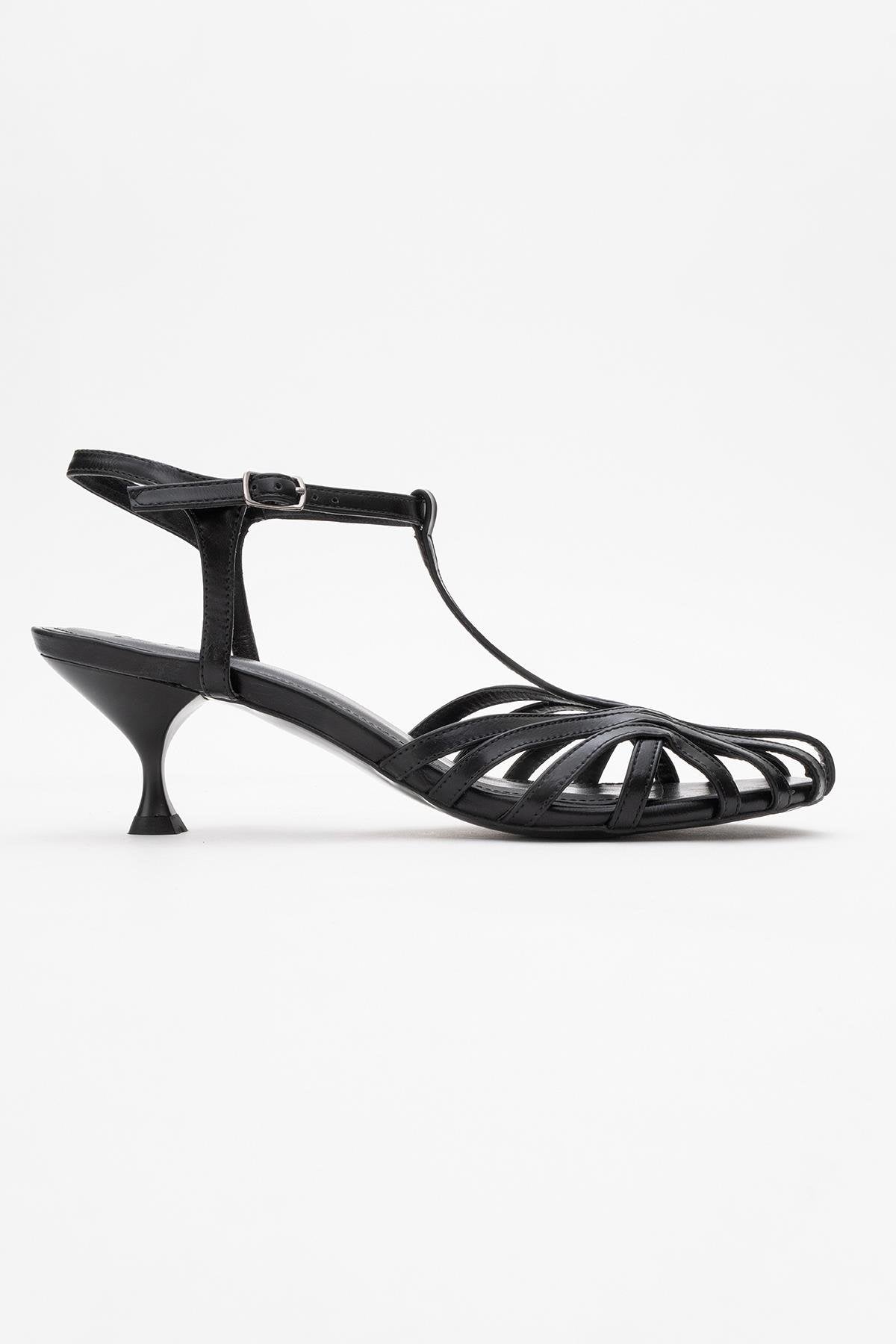 Felip - Black Strappy Low Heel Sandal – top view showing leather, black, red, SimmiUnique