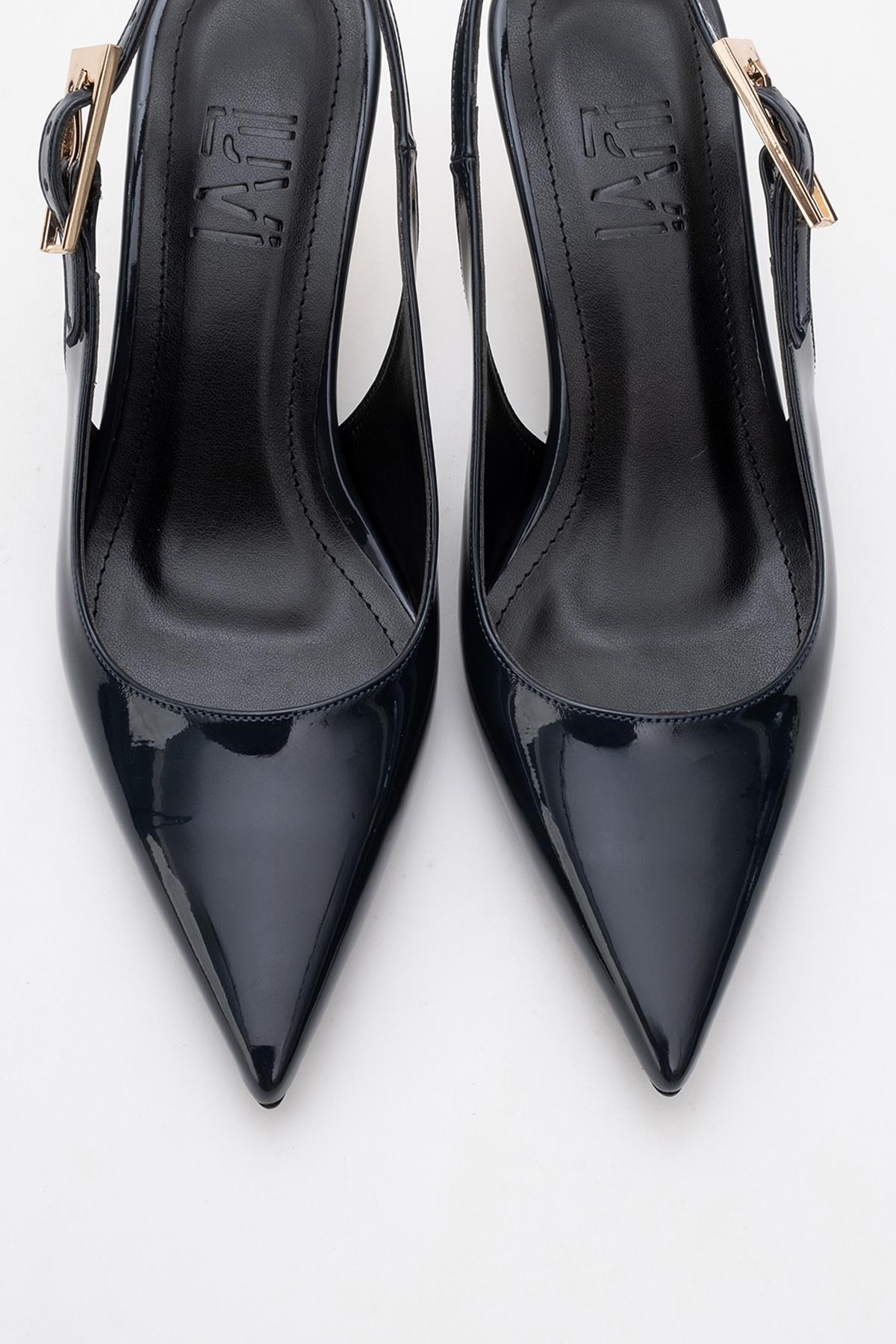 Arty - Navy Patent Buckled Pointed Toe Slingback Stiletto – side view showing leather, SimmiUnique