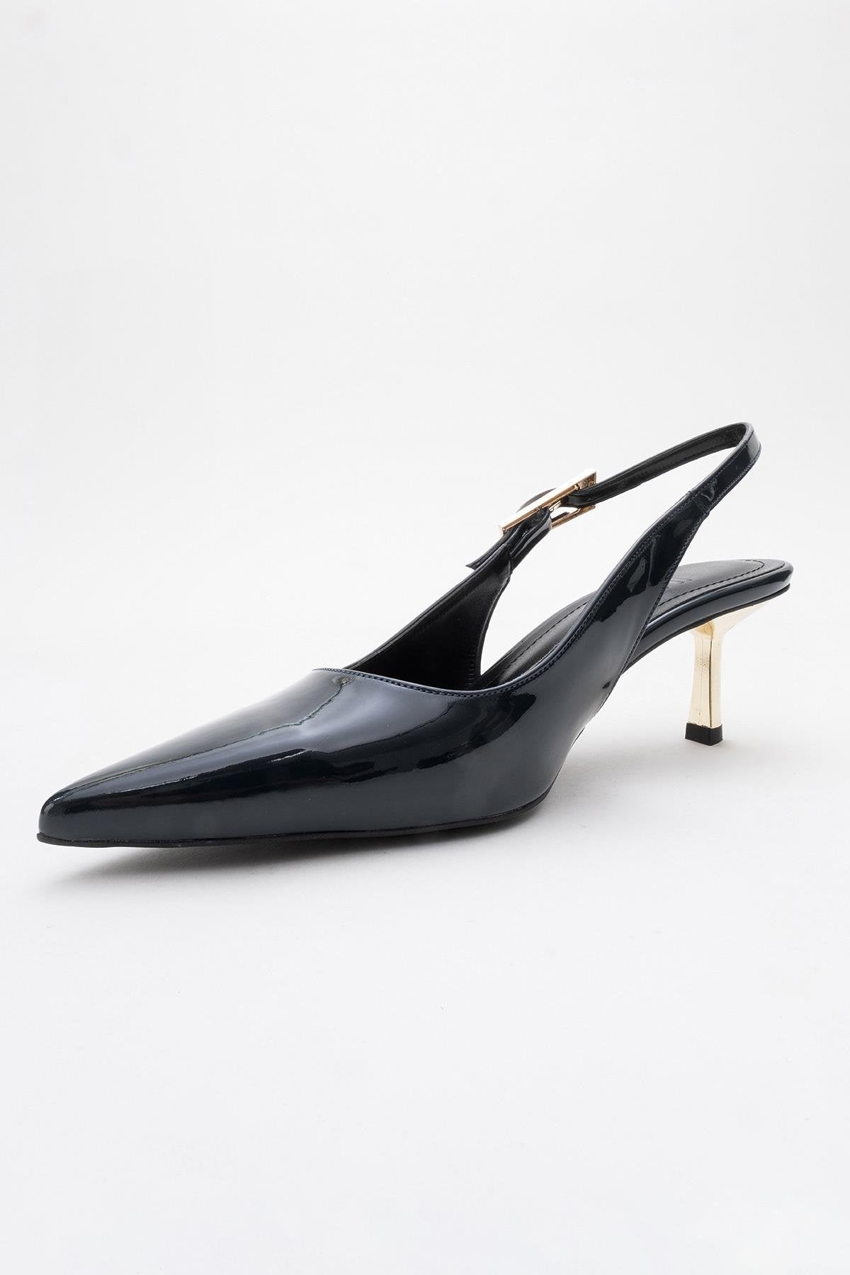 Arty - Navy Patent Buckled Pointed Toe Slingback Stiletto – heel view showing leather, SimmiUnique