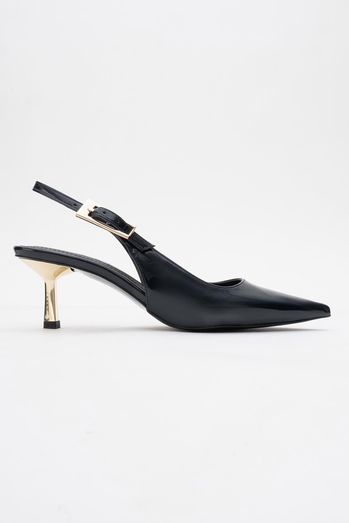 Arty - Navy Patent Buckled Pointed Toe Slingback Stiletto – top view showing leather, SimmiUnique