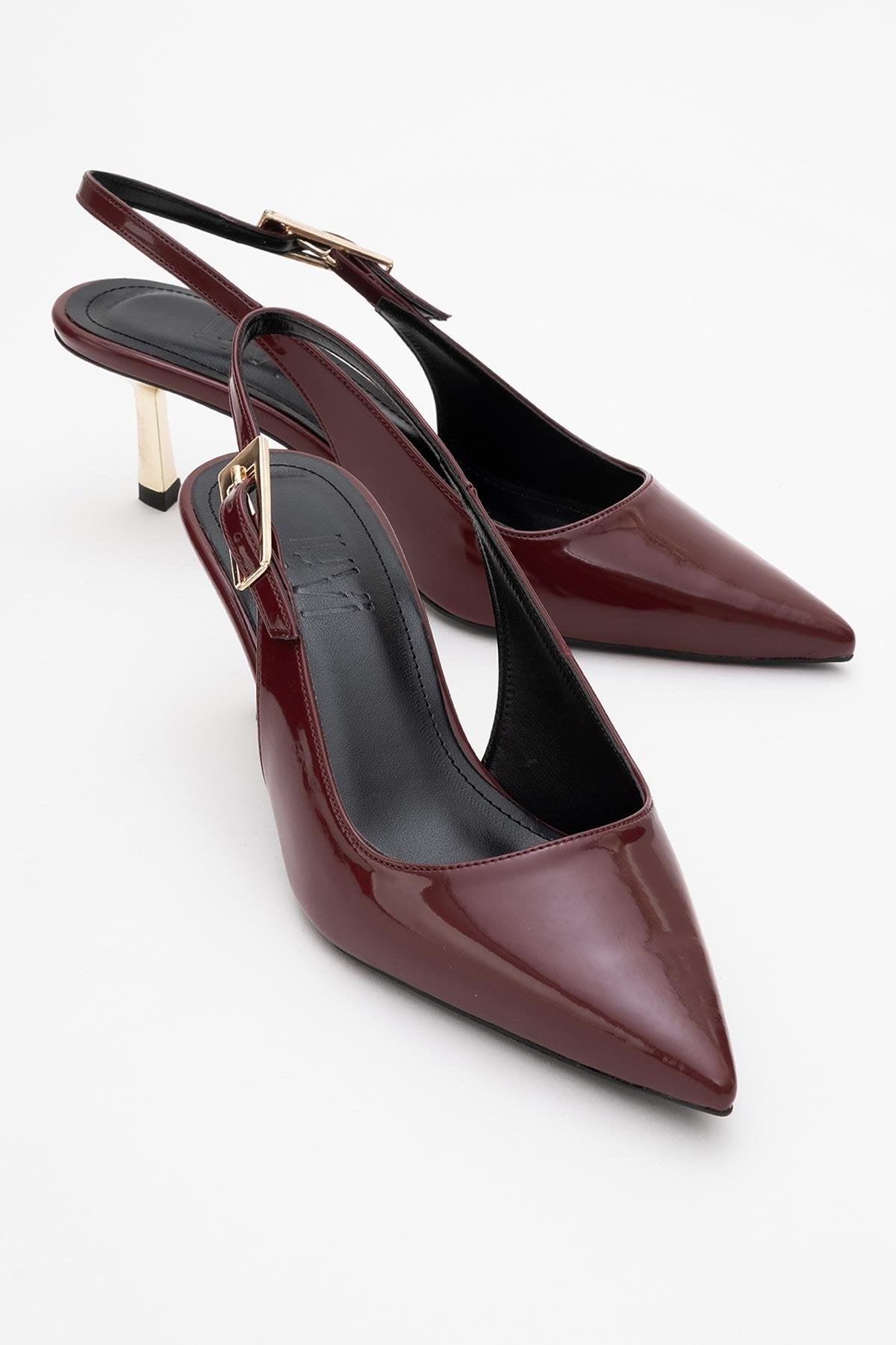 Arty - Burgundy Patent Pointed Toe Slingback Stiletto – front three-quarter view showing leather, SimmiUnique