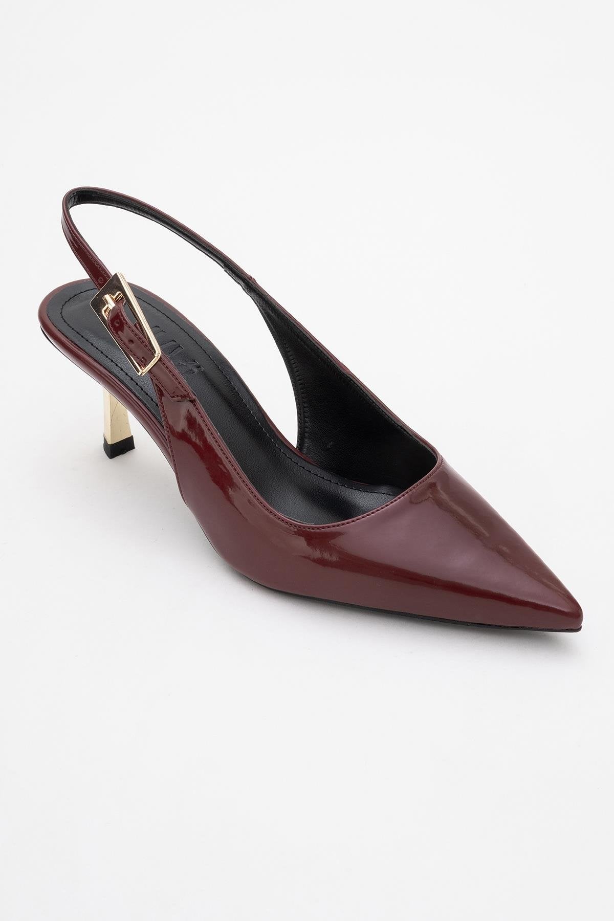 Arty - Burgundy Patent Pointed Toe Slingback Stiletto – detail view showing leather, SimmiUnique