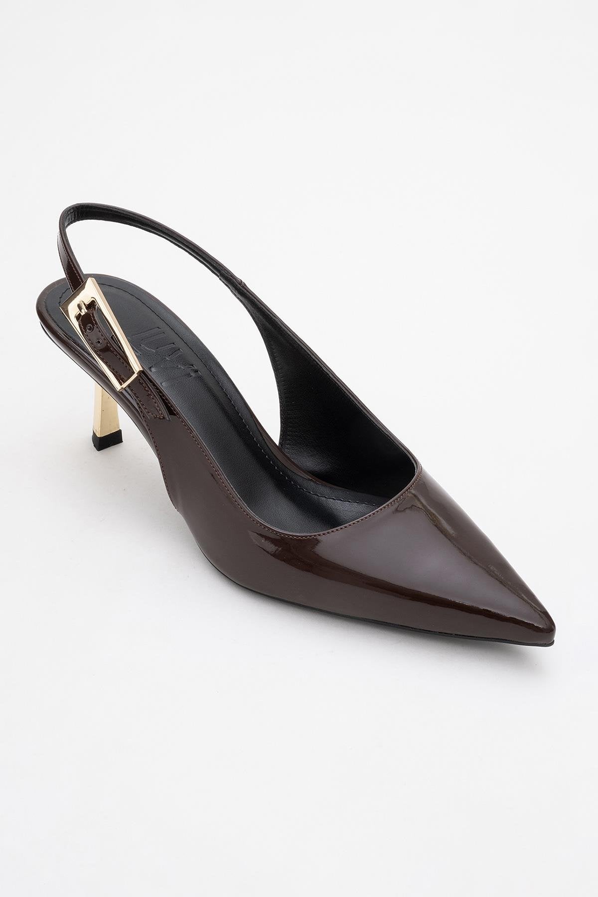 Arty - Brown Patent Pointed Toe Slingback Stiletto – detail view showing leather, SimmiUnique