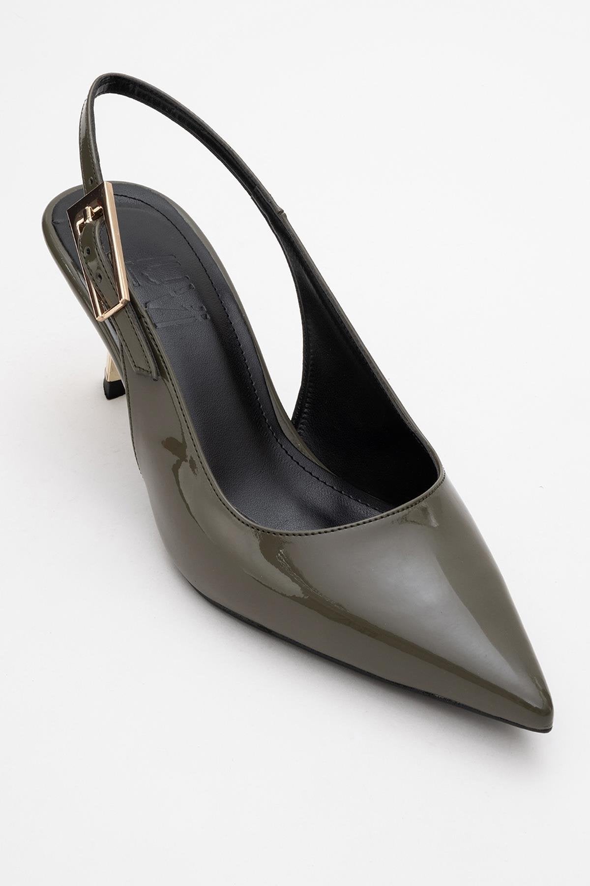 Arty - Olive Patent Pointed Toe Slingback Stiletto – detail view showing leather, SimmiUnique