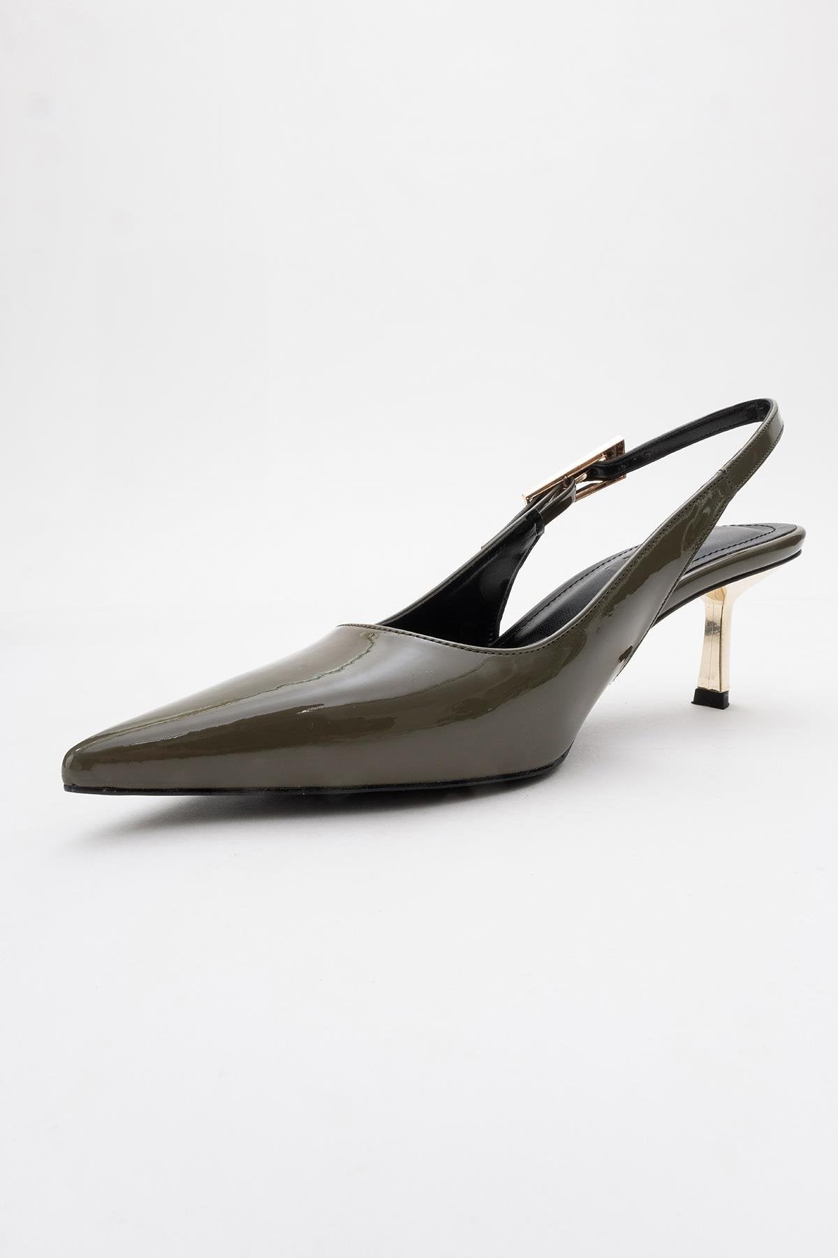 Arty - Olive Patent Pointed Toe Slingback Stiletto – heel view showing leather, SimmiUnique