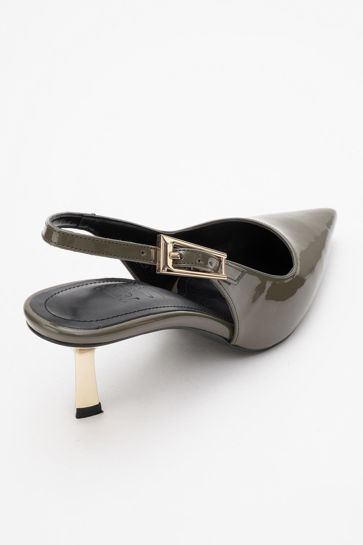 Arty - Olive Patent Pointed Toe Slingback Stiletto – back view showing leather, SimmiUnique