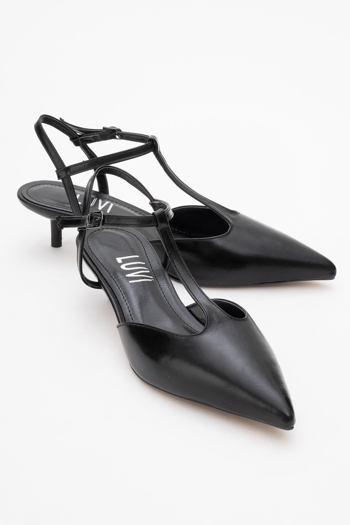 Asher - Black Pointed Toe Open Back Low Heel Shoe – front three-quarter view showing leather, black, SimmiUnique