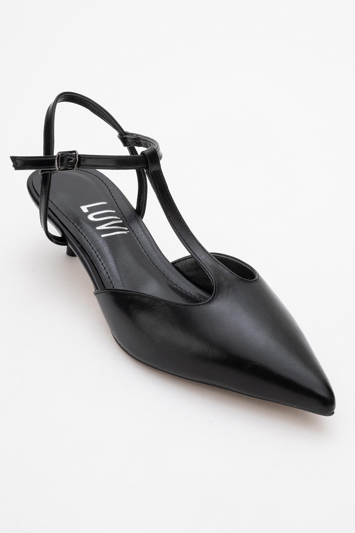 Asher - Black Pointed Toe Open Back Low Heel Shoe – detail view showing leather, black, SimmiUnique