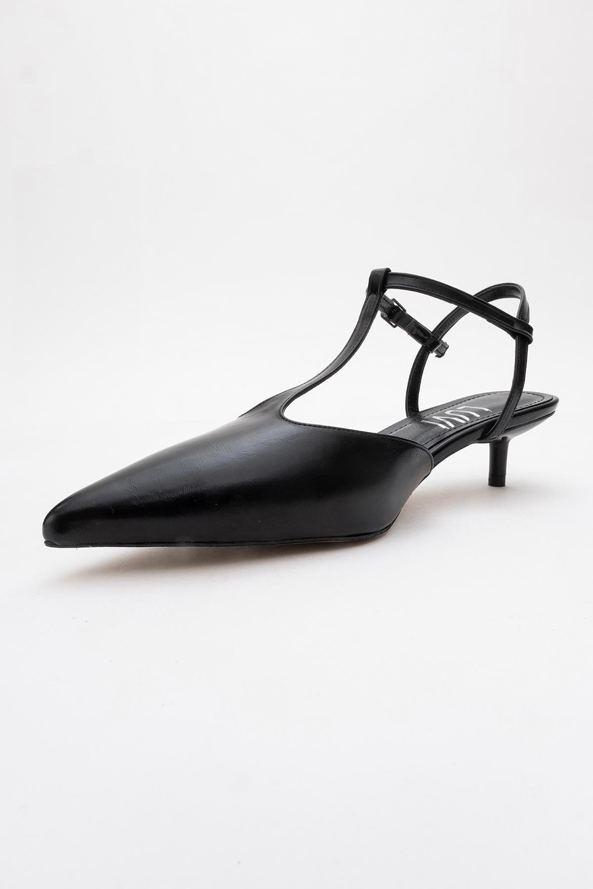 Asher - Black Pointed Toe Open Back Low Heel Shoe – heel view showing leather, black, SimmiUnique