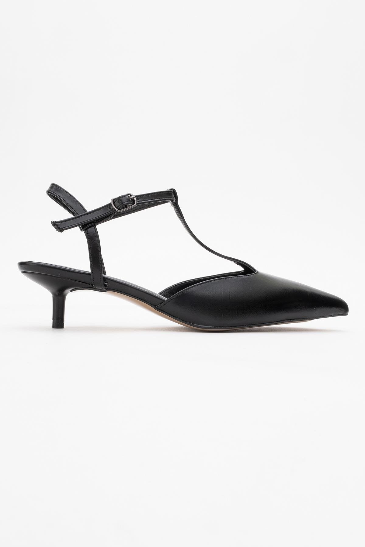 Asher - Black Pointed Toe Open Back Low Heel Shoe – top view showing leather, black, SimmiUnique