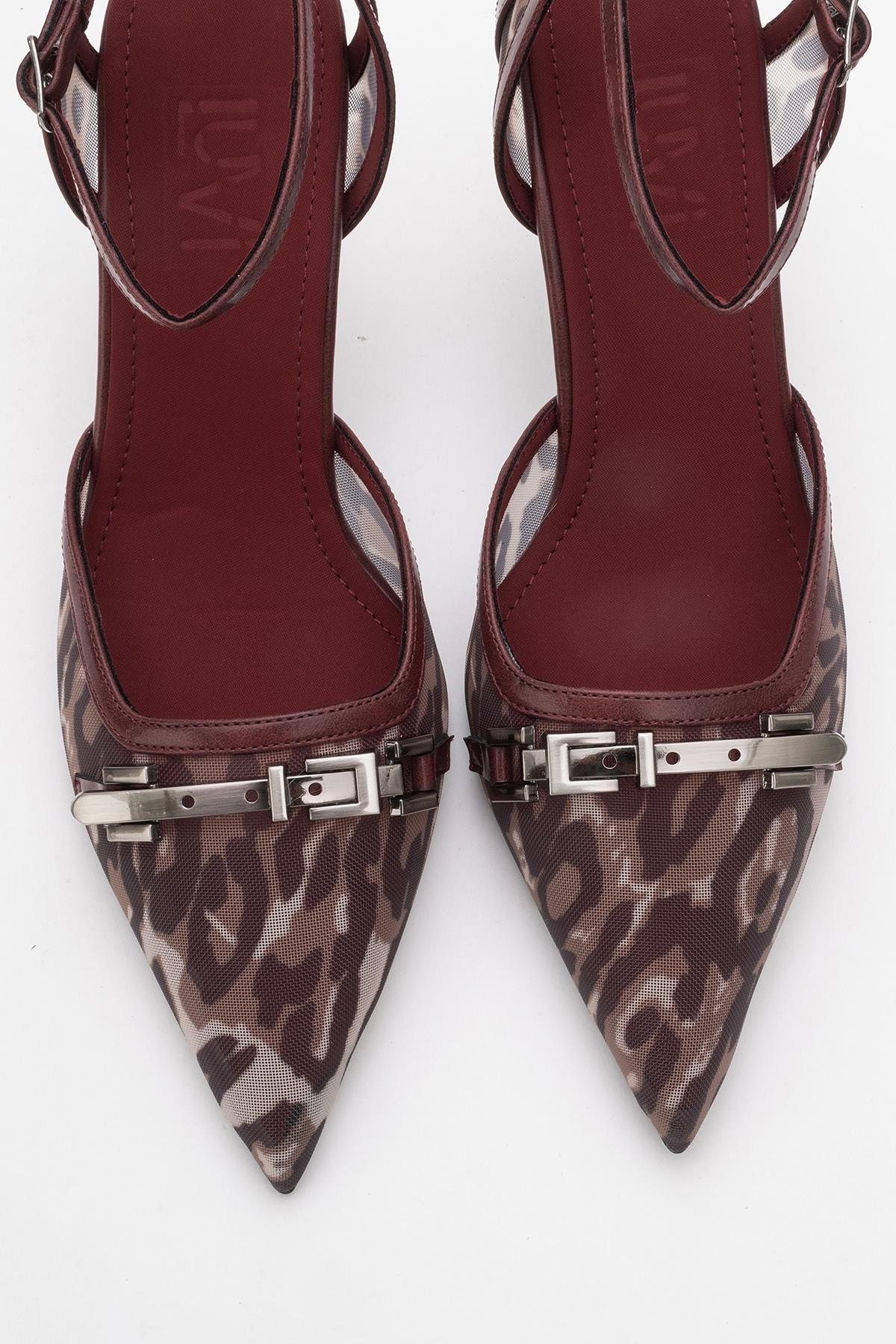 Giorno - Burgundy Patterned Mesh Ankle-Strap Stiletto – side view showing leather, mesh, SimmiUnique