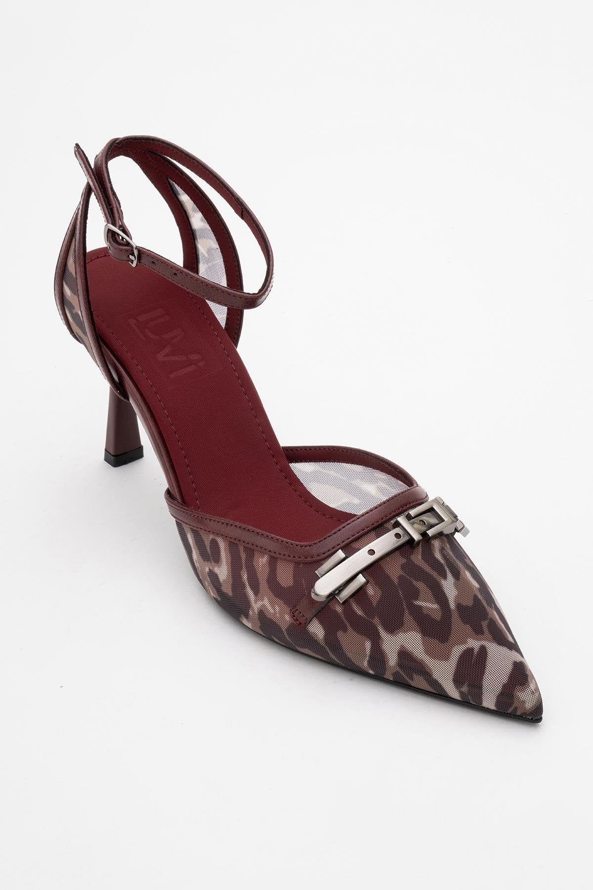 Giorno - Burgundy Patterned Mesh Ankle-Strap Stiletto – detail view showing leather, mesh, SimmiUnique