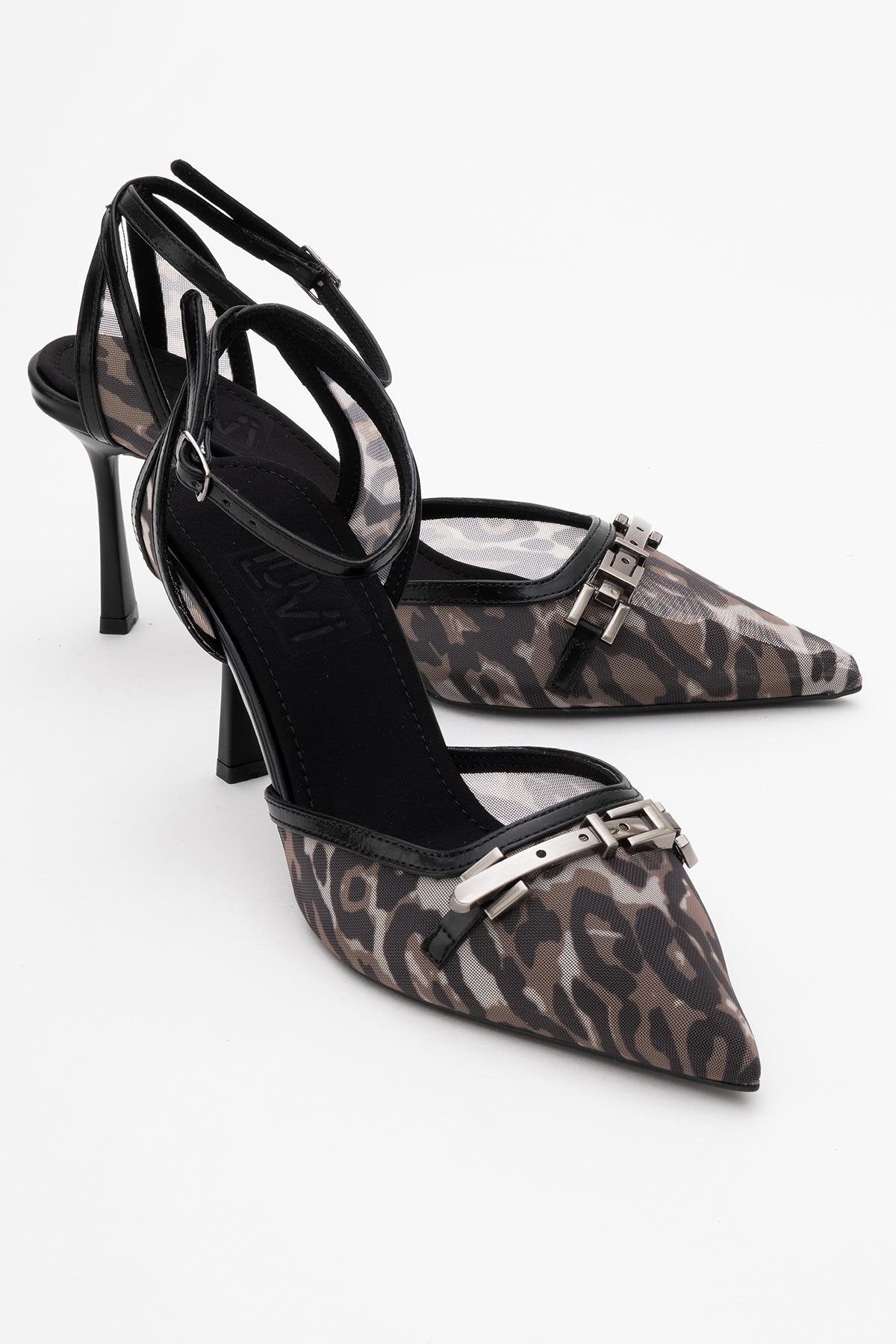 Giorno - Black Patterned Mesh Ankle-Strap Stiletto – front three-quarter view showing leather, mesh, black, SimmiUnique