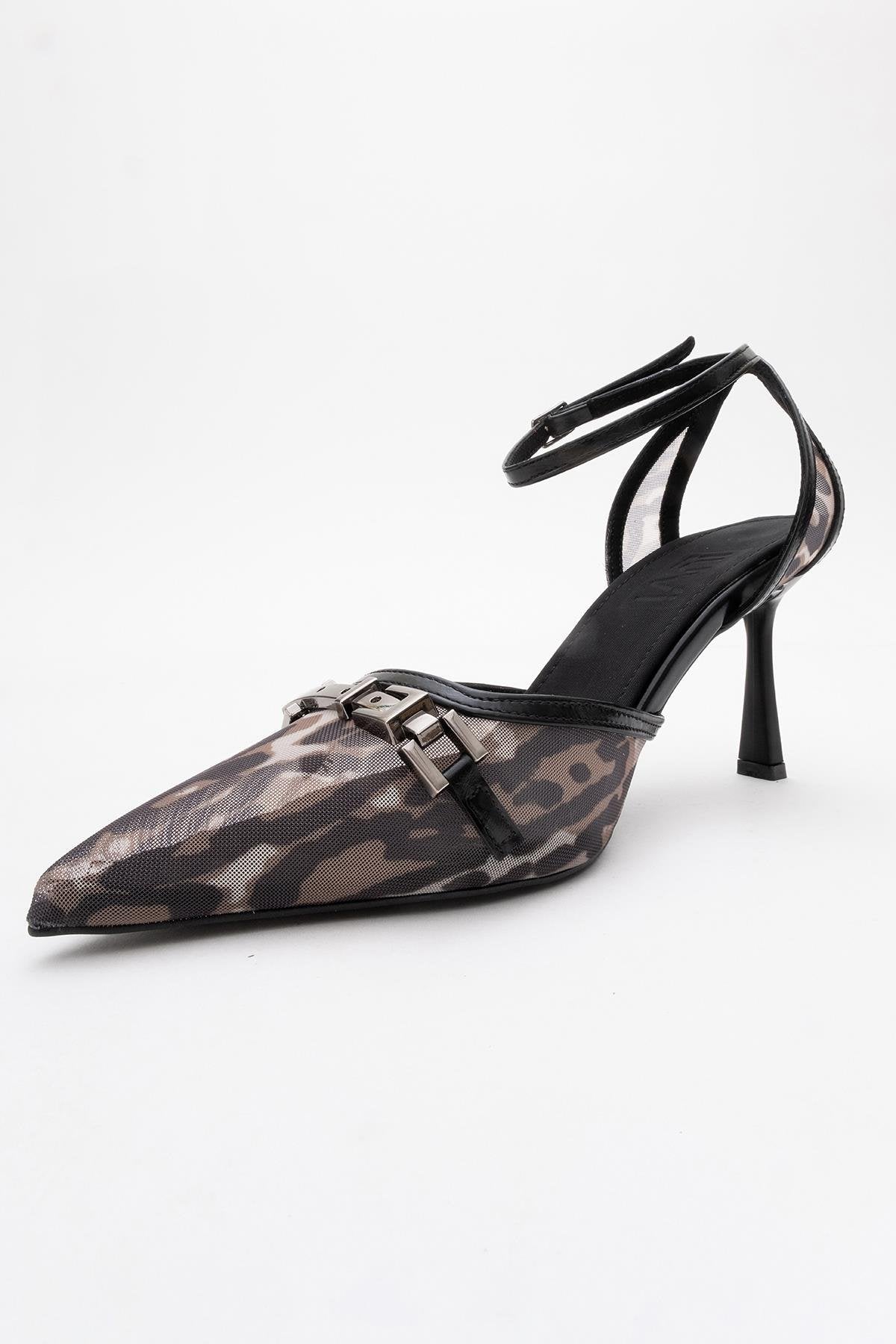 Giorno - Black Patterned Mesh Ankle-Strap Stiletto – heel view showing leather, mesh, black, SimmiUnique