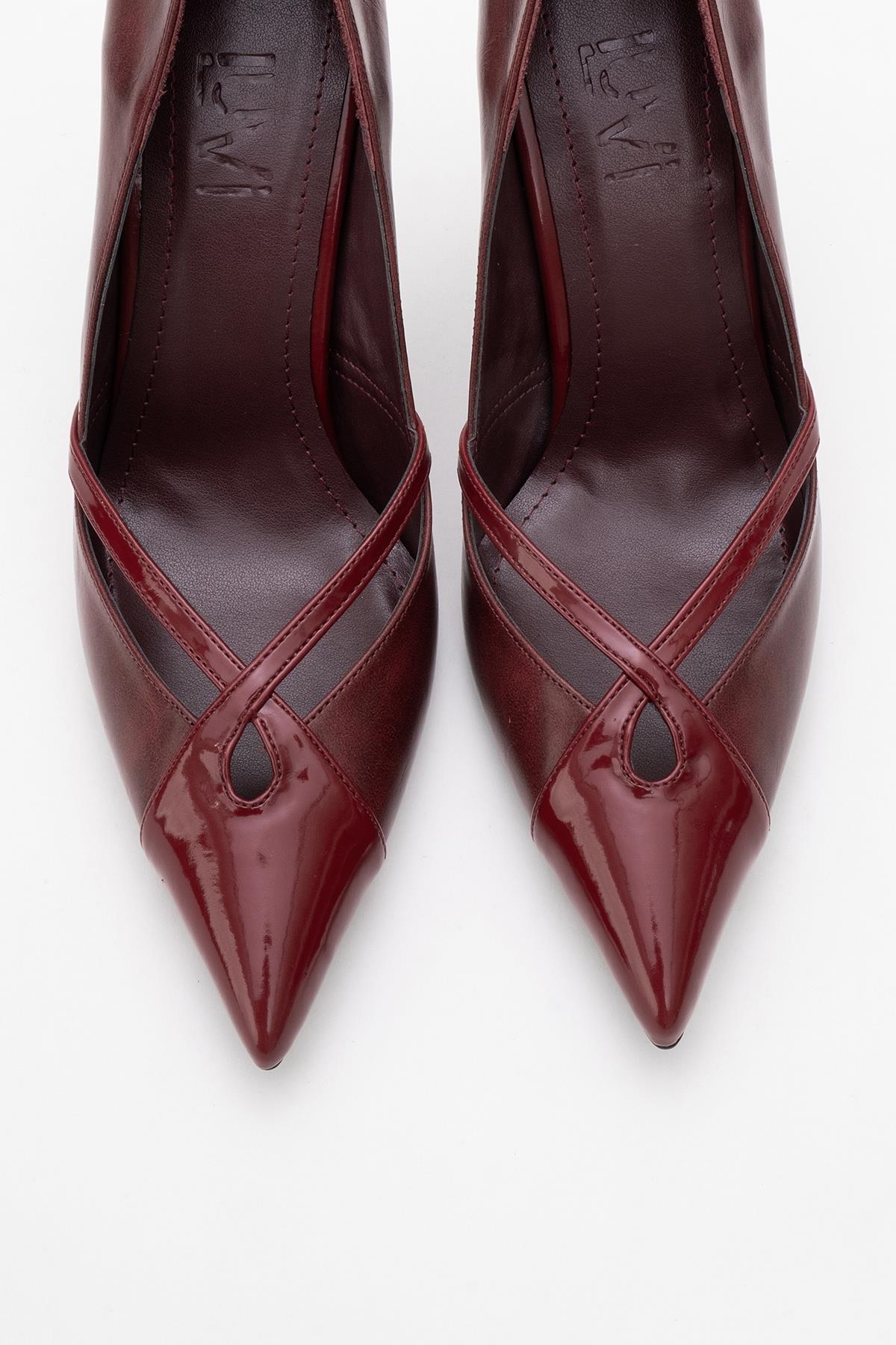 Ruby - Burgundy Patent Detail High Heel Shoe – side view showing leather, SimmiUnique