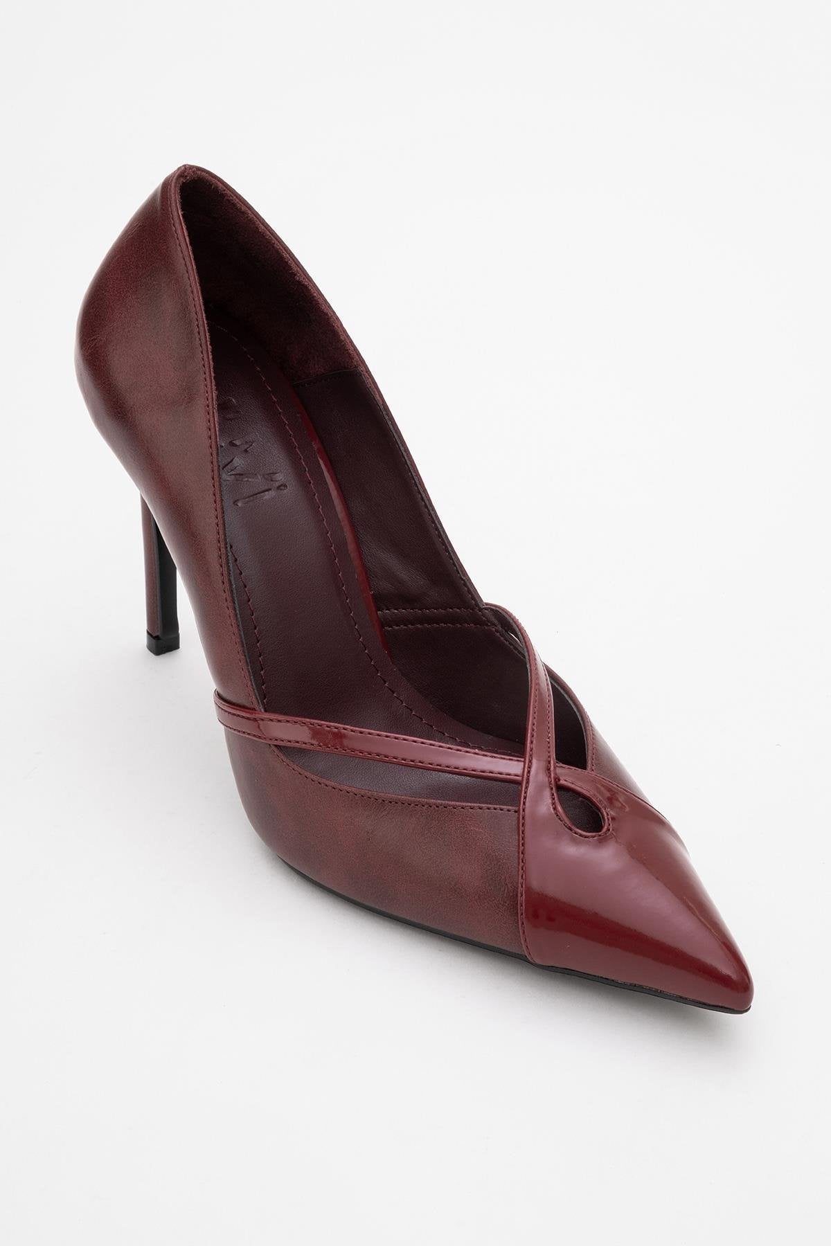 Ruby - Burgundy Patent Detail High Heel Shoe – detail view showing leather, SimmiUnique