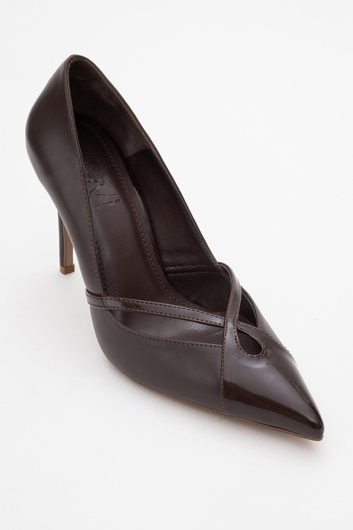 Ruby - Brown Patent Detail High Heel Shoe – detail view showing leather, SimmiUnique